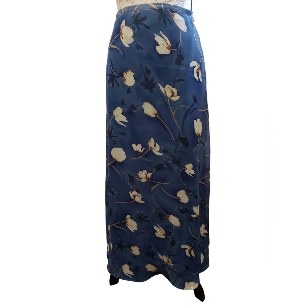 Tracy Evans Vintage Y2K Sz 5 Women Maxi Skirt Blue Cream Floral Cottagecore Boho
